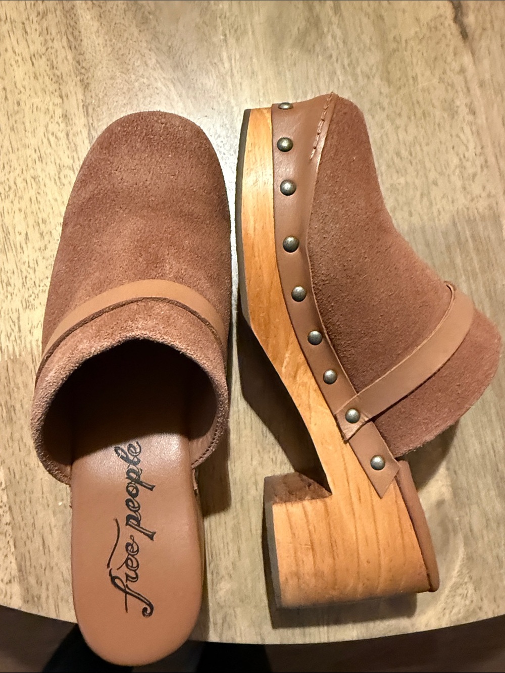 Free People Brown Suede Wood-Platform Clogs with Stud Trim